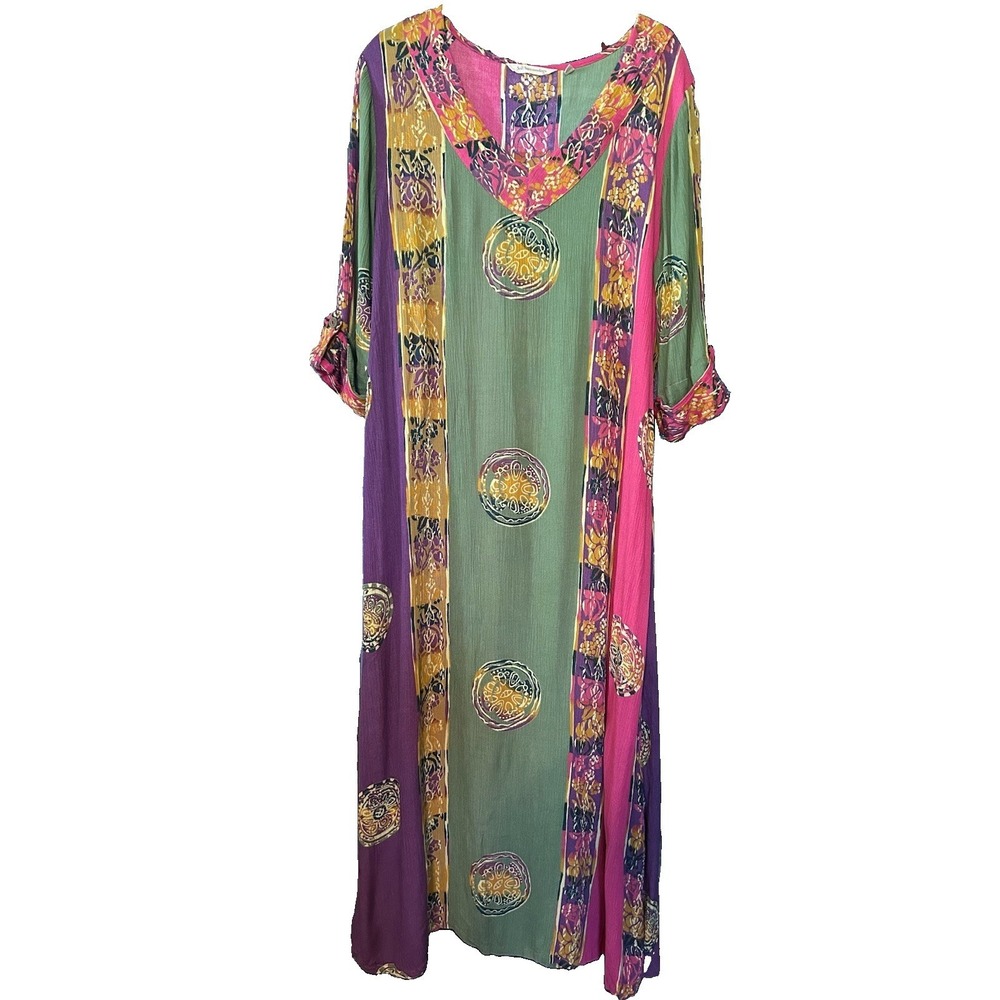Soft Surroundings Womens Maxi Batik Dress V Neck Size Med Tab Sleeve Patio Dress
